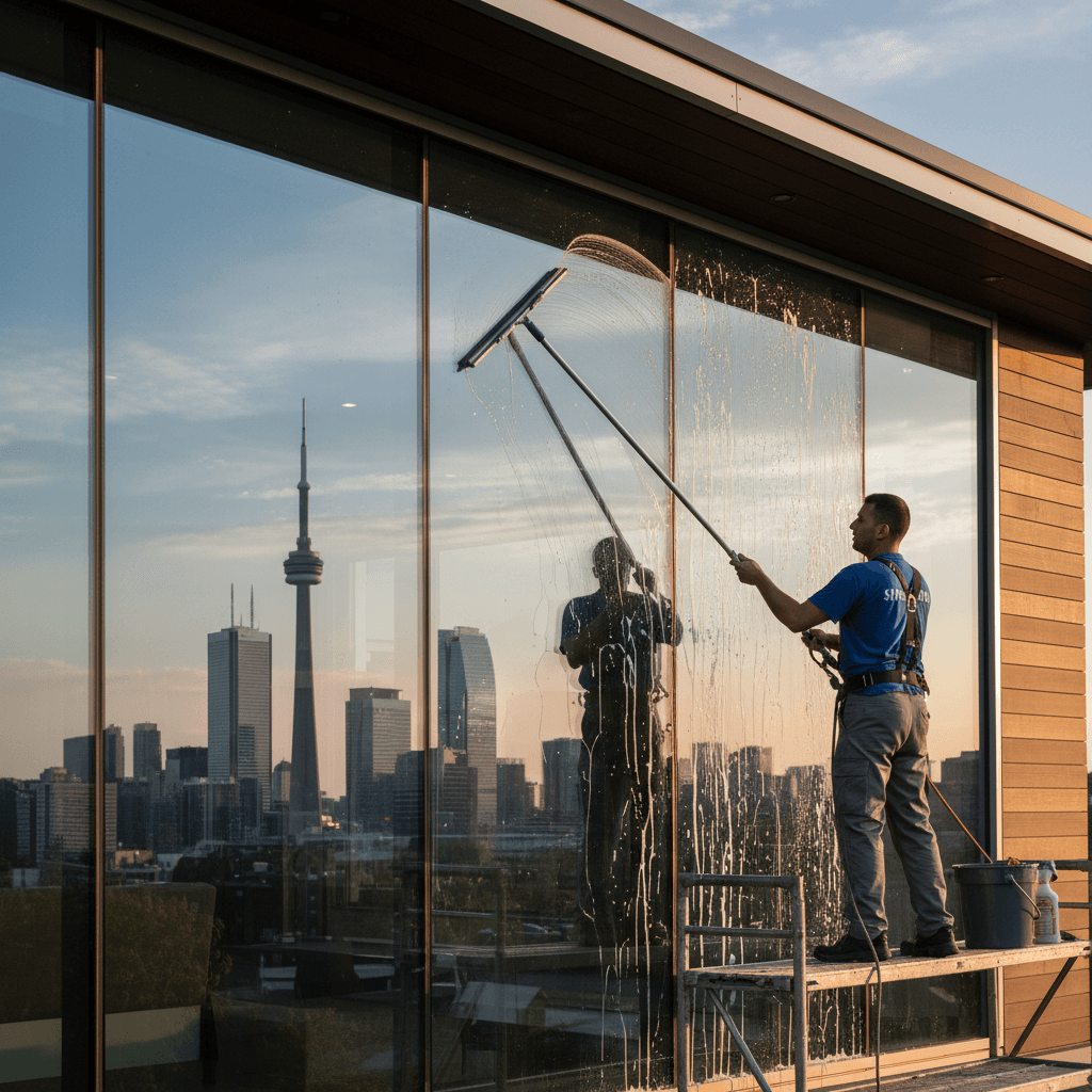 Professional window cleaner squeegeeing a large glass pane on a modern home