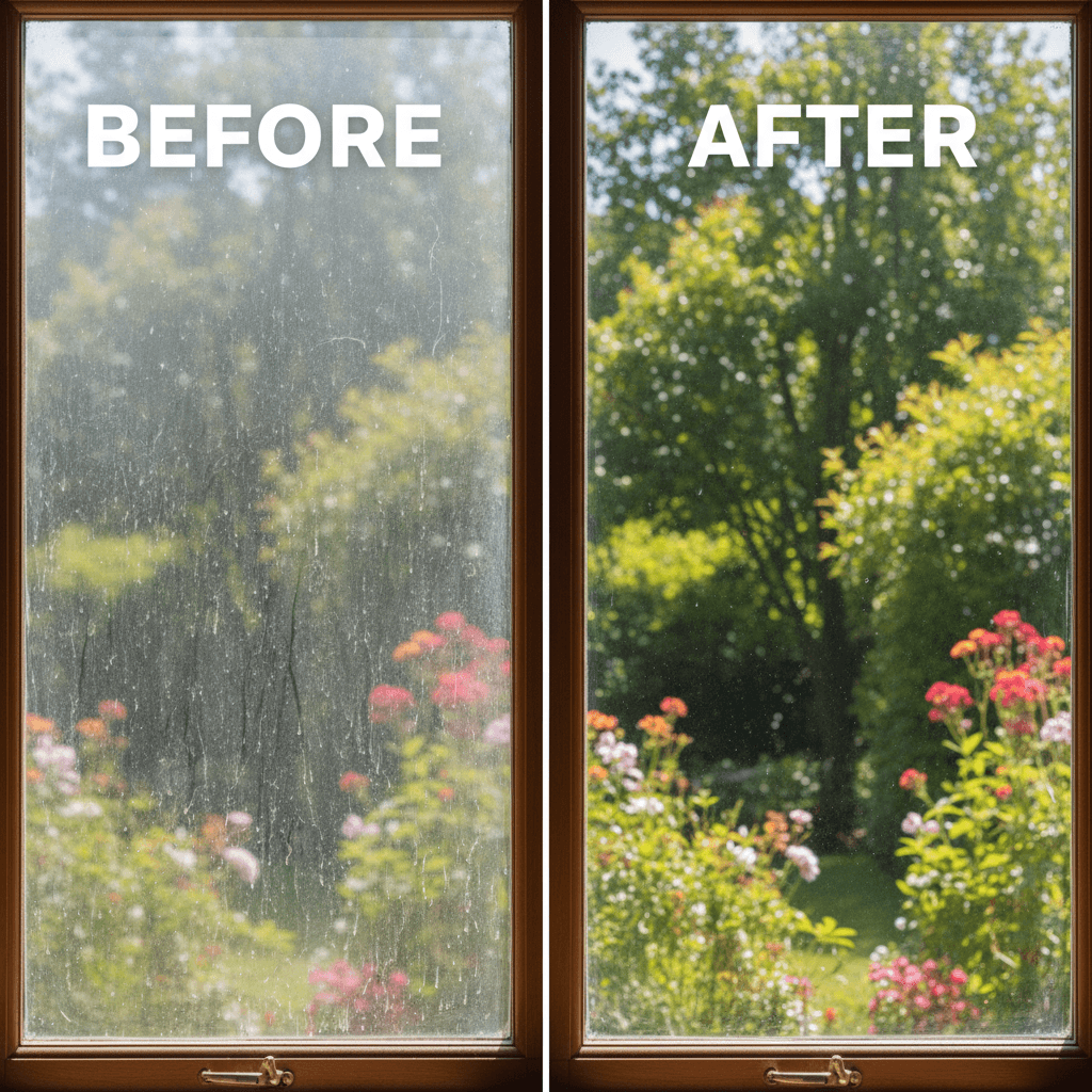 Before and after comparison of window cleaning showing transformation