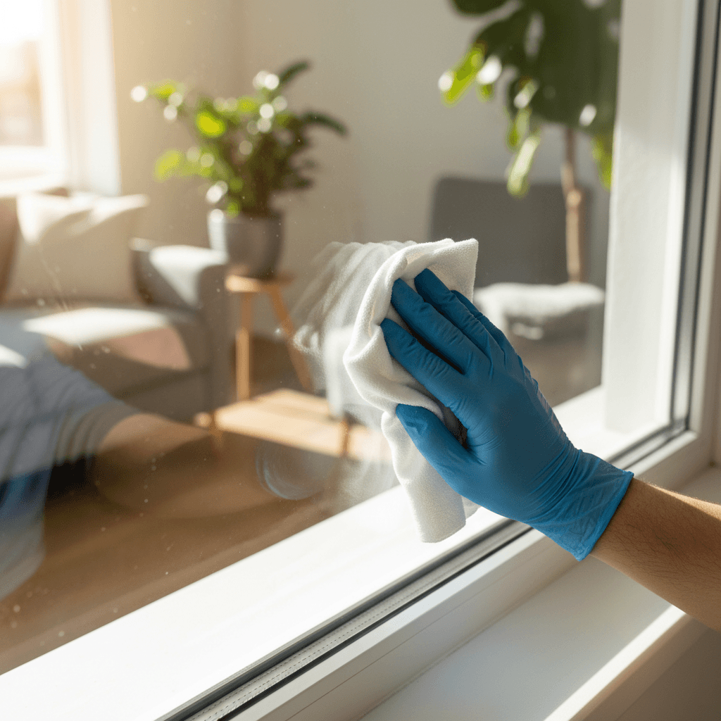 Close up of a clean residential window with streak-free glass and natural light reflection