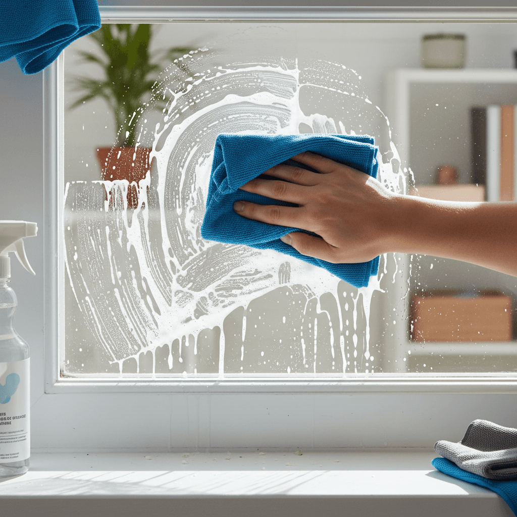 Professional window cleaner wiping interior side of a window in a sunny living room