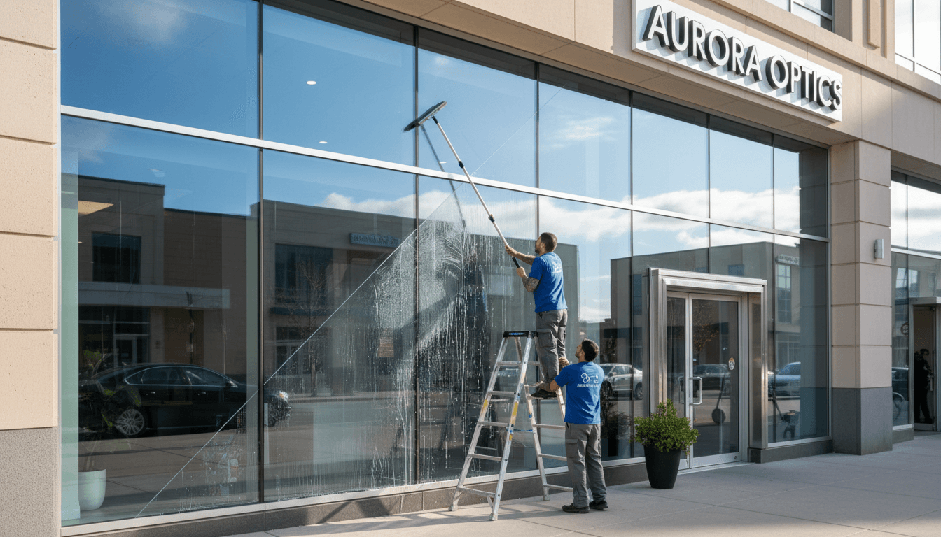 professional window cleaner at storefront with squeegee