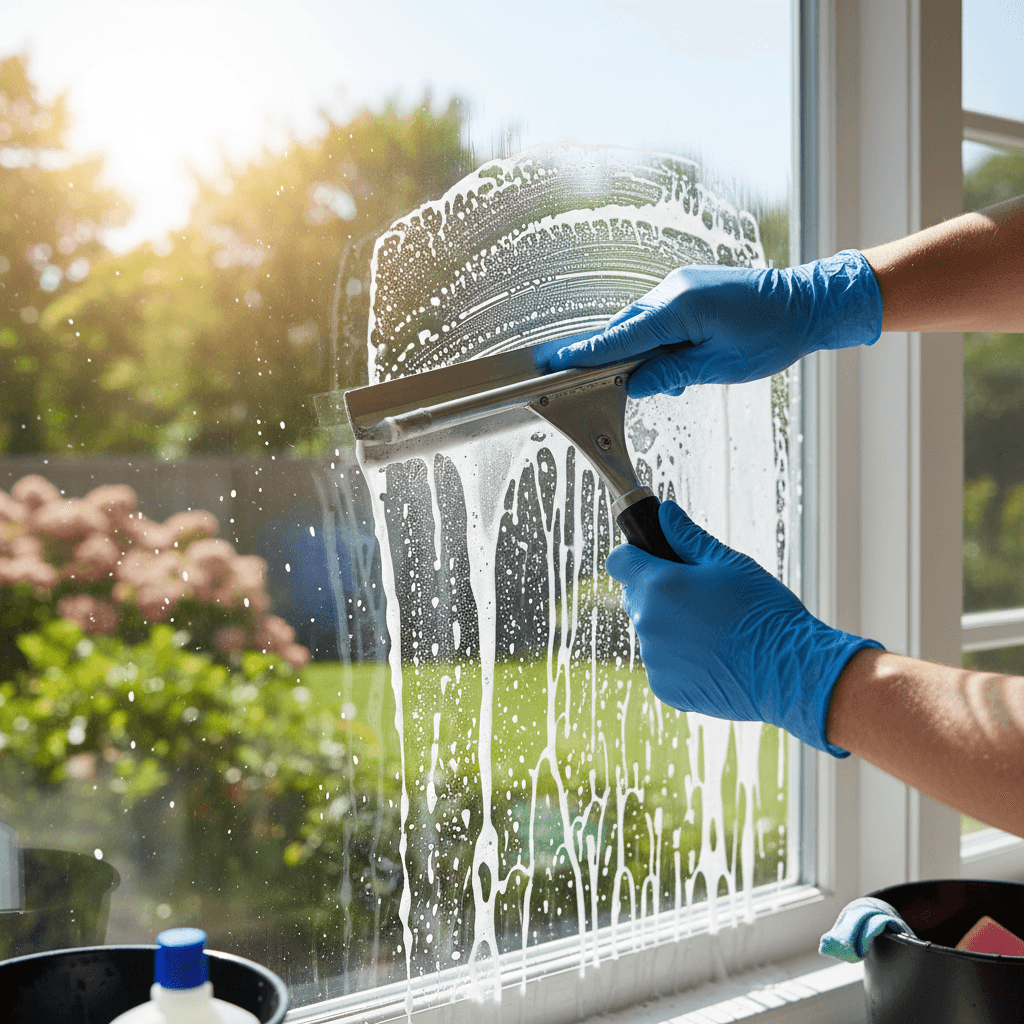 Window cleaner squeegeeing a residential window in Toronto