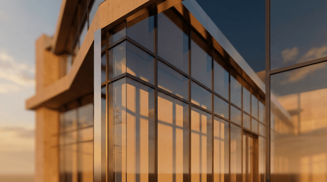 Clean windows on a modern condo building exterior reflecting blue sky and clouds