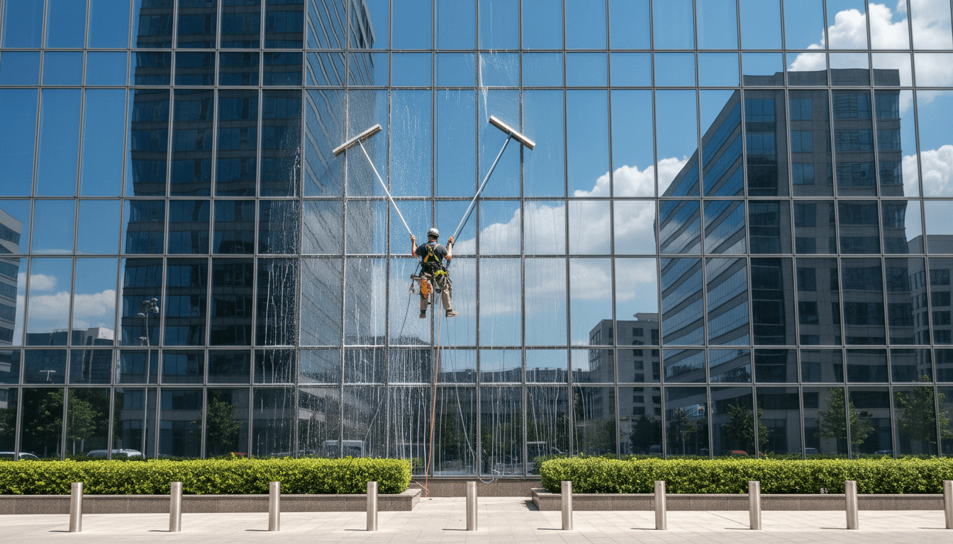 Window cleaner using water-fed pole on an office building in Toronto
