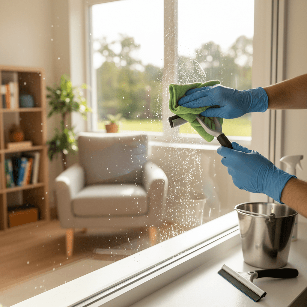 Professional window cleaner using squeegee on large glass window