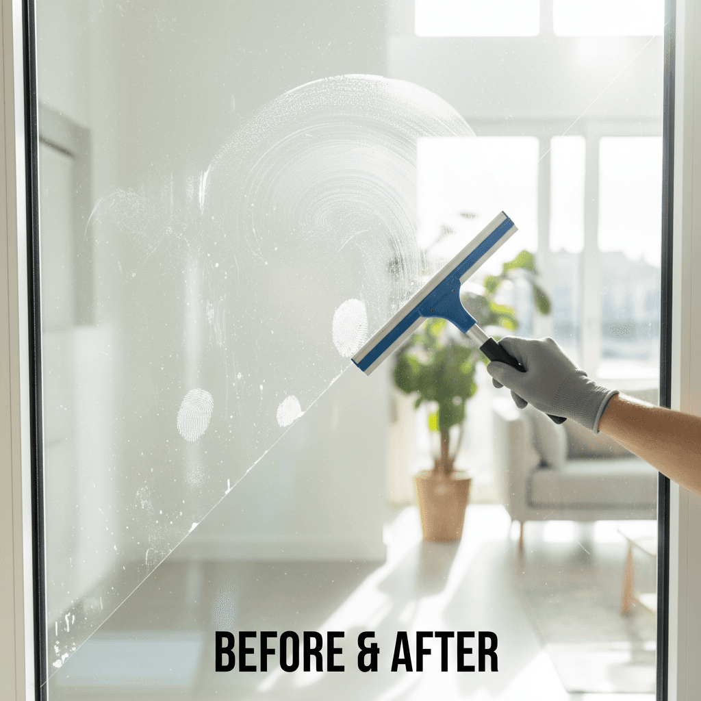 Storefront window cleaning service showing before and after difference in glass clarity
